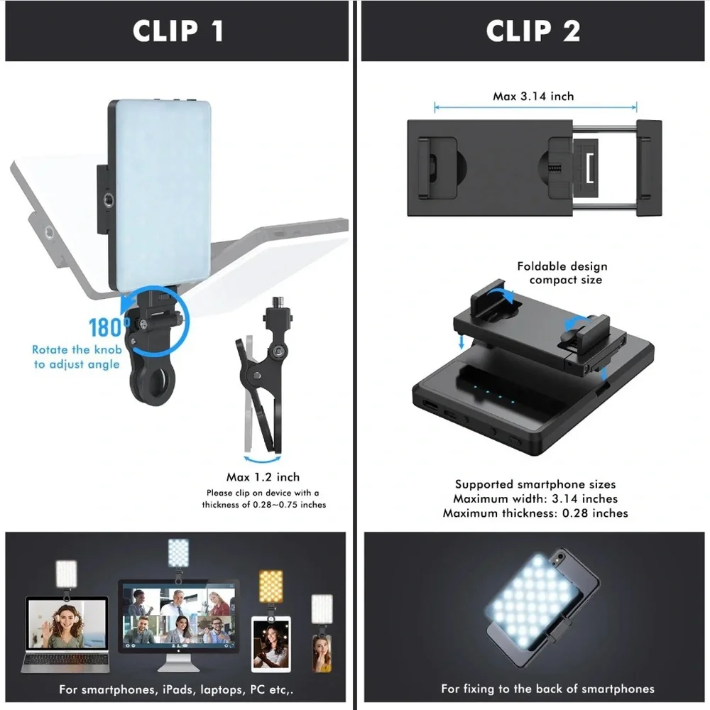 NWT Portable LED Selfie Light with Front & Back Phone Clip